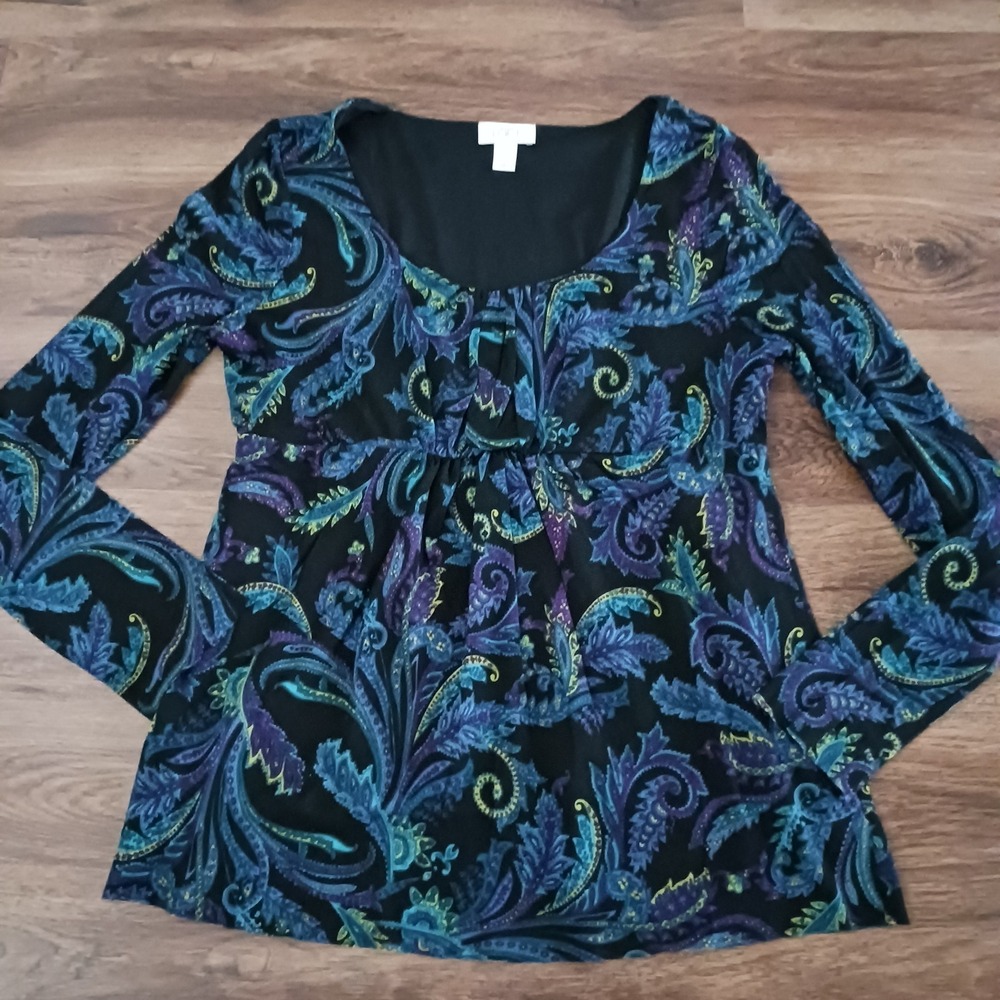 Ann Taylor LOFT Black Paisley Long Sleeve Top Size L Large